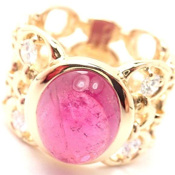 Authentic Christian Dior 18k Yellow Gold Diamond Large Pink Tourmaline Band Ring - Picture 2 of 9